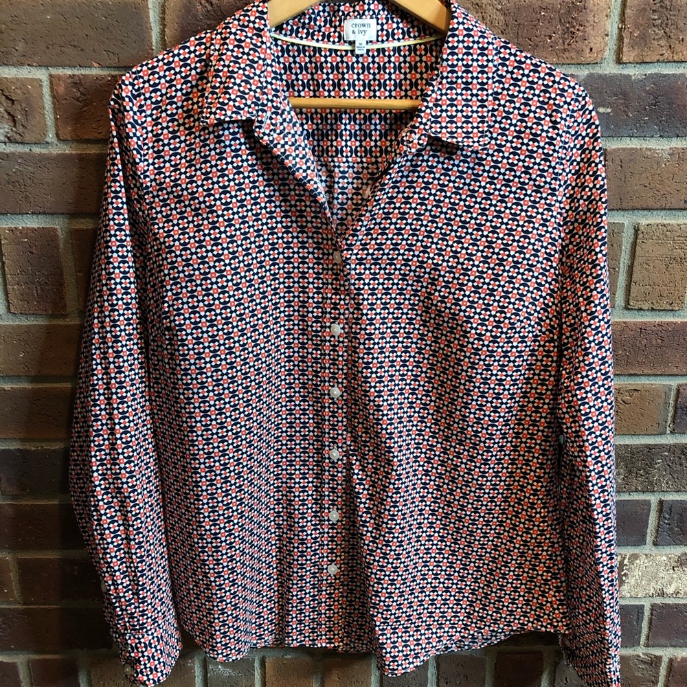 100% cotton blouse - navy white and orange pattern